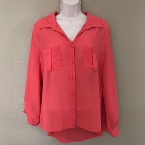 Coral Sheer Button Down Long Sleeve Blouse